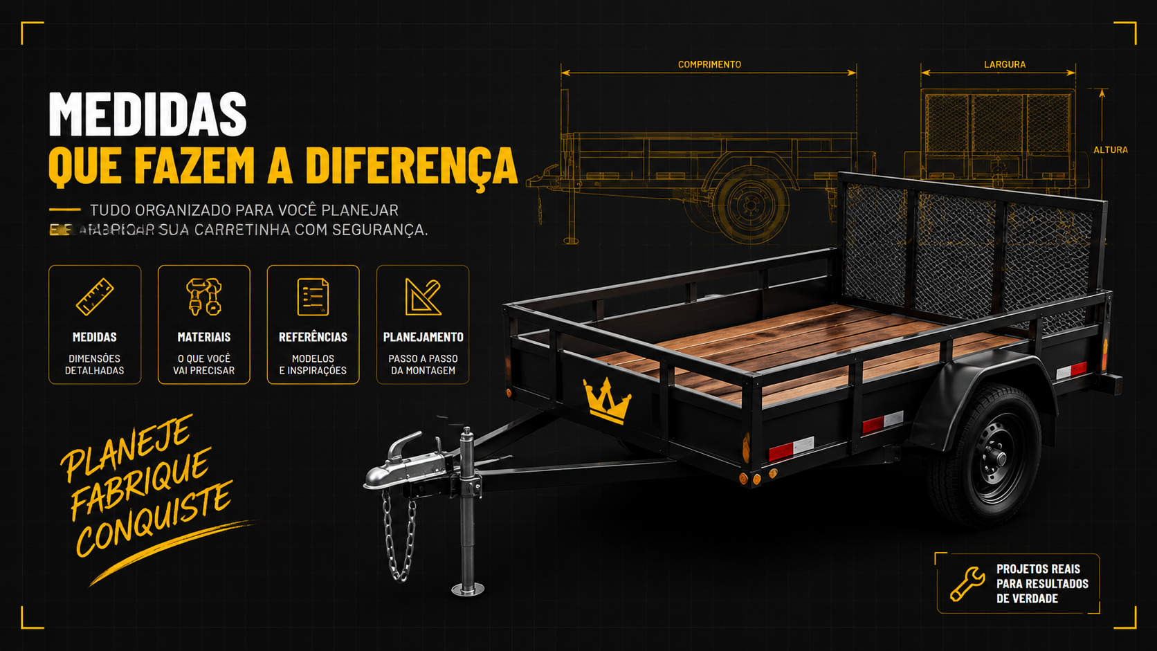 Tabela de medidas e lista de materiais de um projeto de reboque