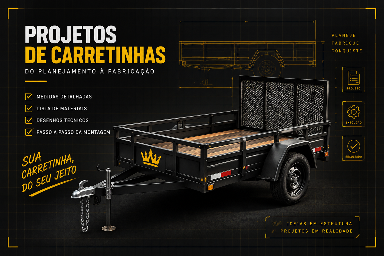 Projeto de carretinha com vistas e cotas para fabricação